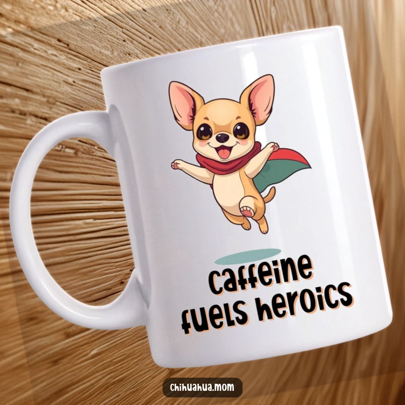Funny Chihuahua Mug: Playful dog in superhero cape leaping with energetic enthusiasm, saving the day, heroic pet owner.