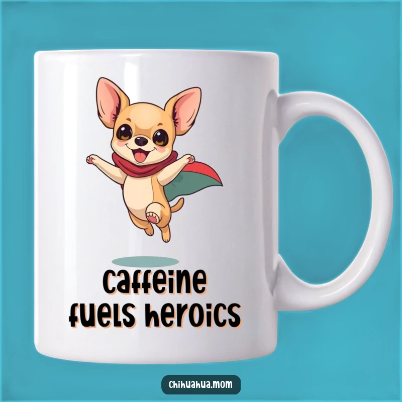 Funny Superhero Chihuahua Mug: Leaping Dog Hero, Energetic Pet, Perfect Funny Gift