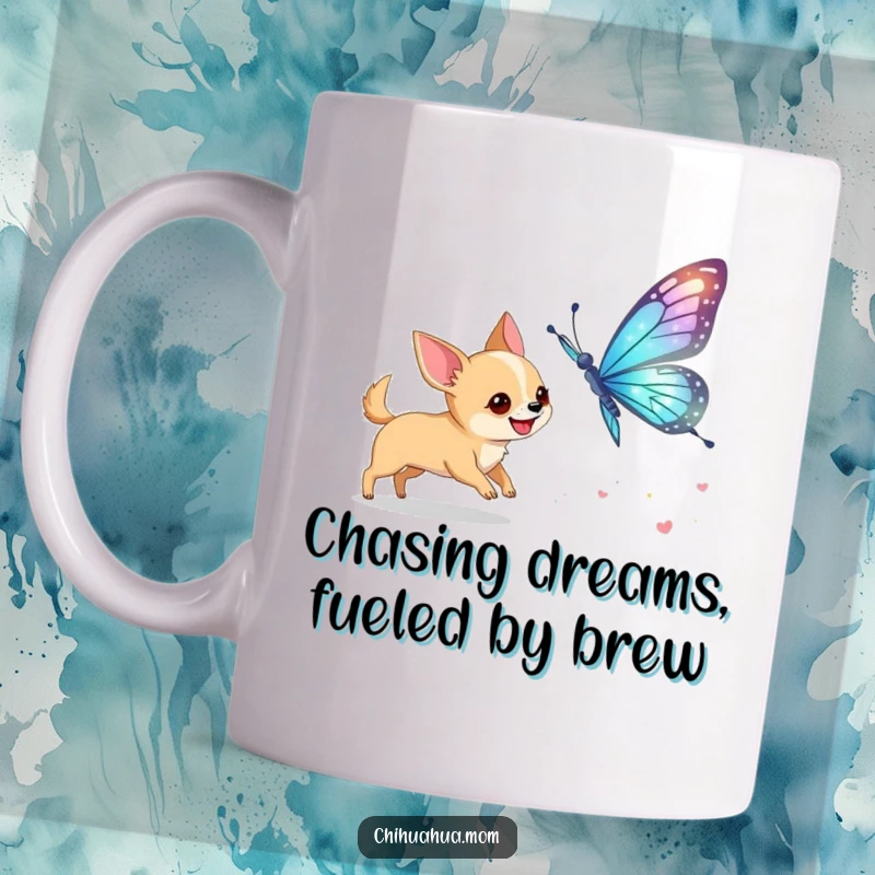 Funny Chihuahua Butterfly Mug: A dog excitedly chases a giant shimmering butterfly. Joyful and funny gift.