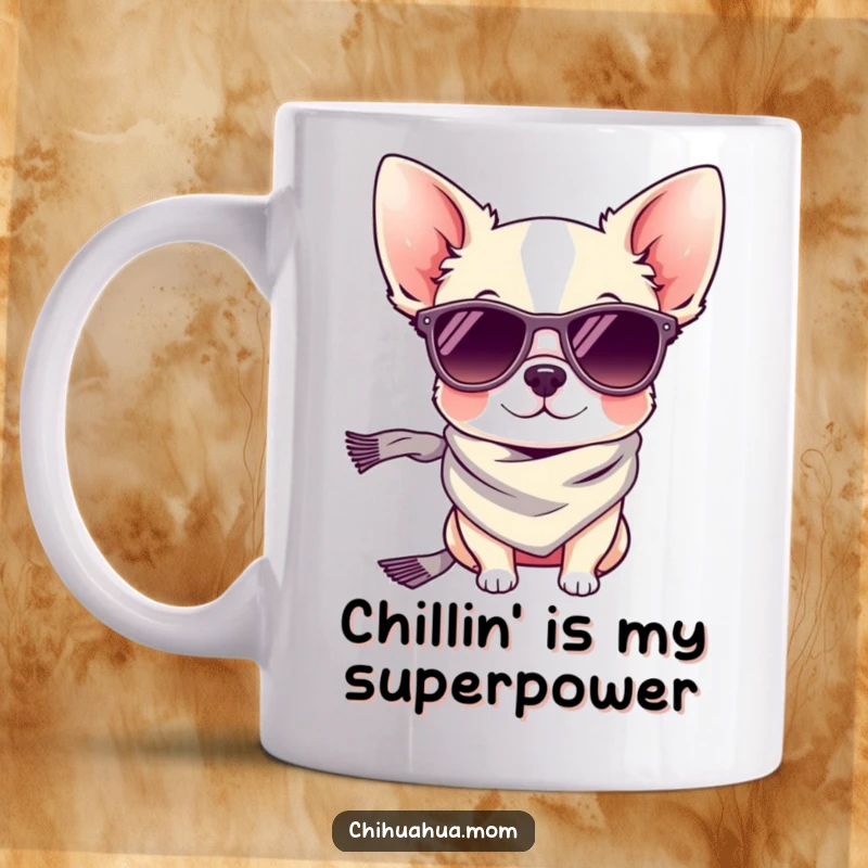 Funny mug illustration of a tiny chihuahua dog wearing trendy sunglasses and a chic scarf.