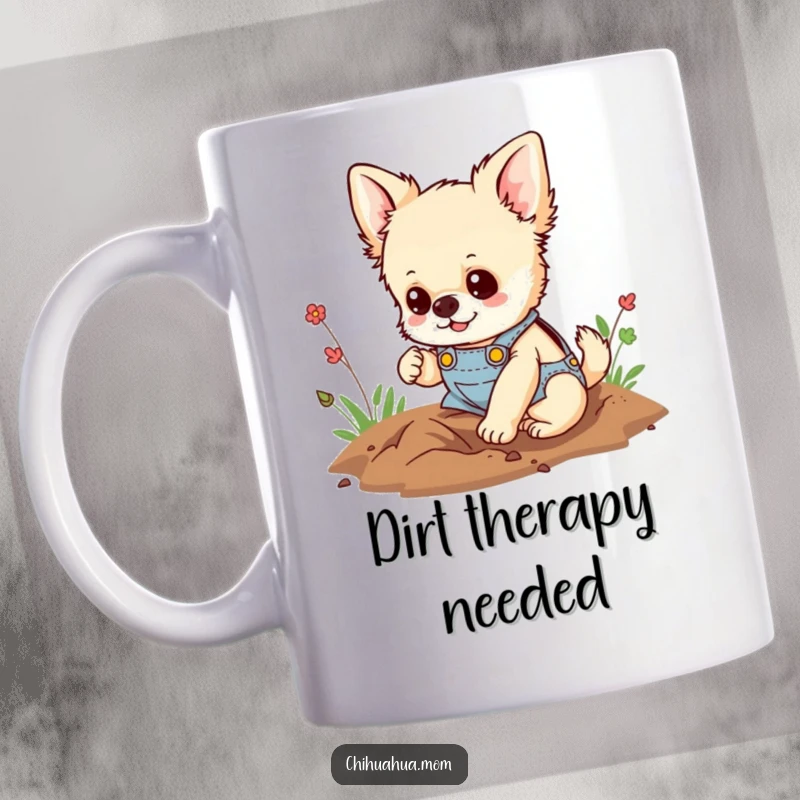 Funny mug showing a fluffy chihuahua in tiny overalls, happily digging a hole with enthusiastic determination, embodying playful mischief.