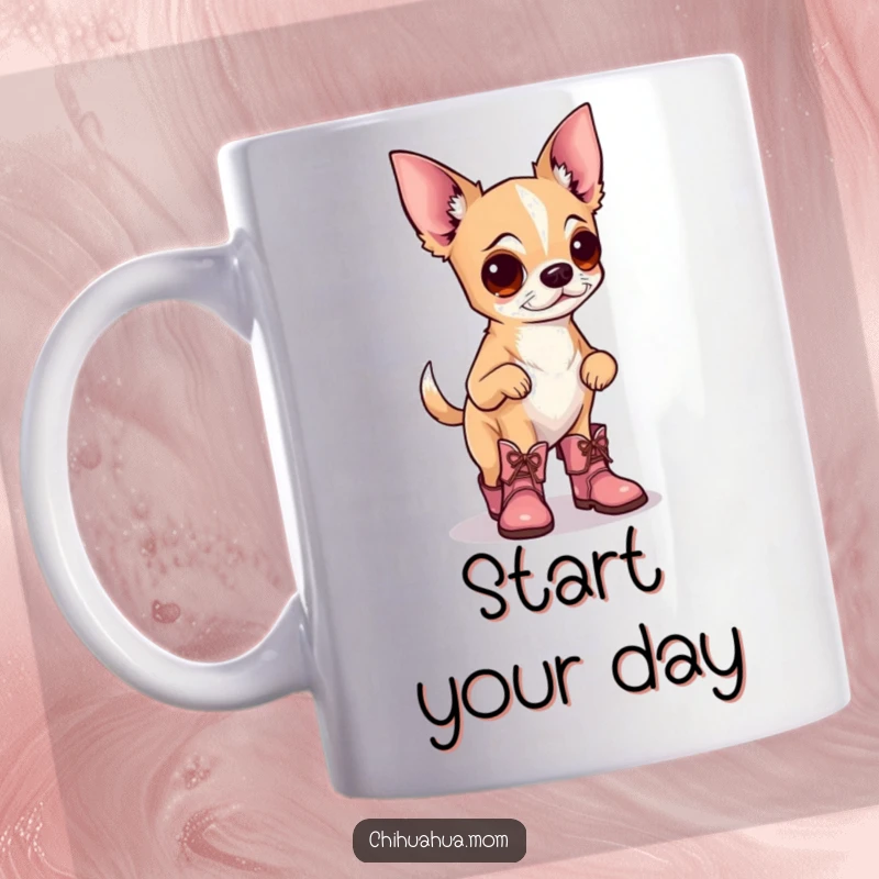 Funny mug depicting a cute chihuahua dog wearing tiny, fashionable boots and prancing proudly with a confident strut.