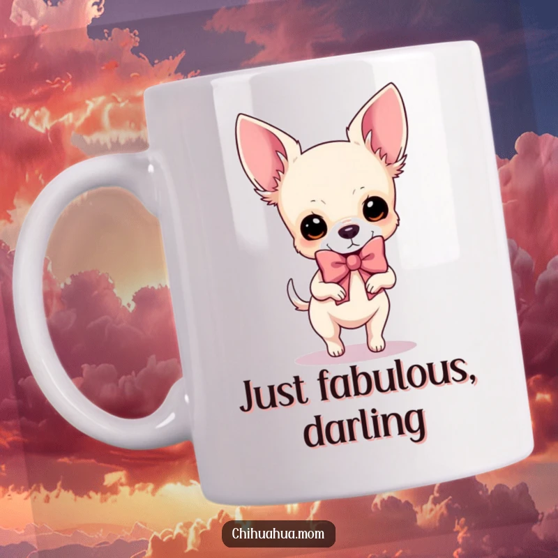 Funny Chihuahua Mug: A proud dog prances joyfully while sporting a comically oversized, vibrant bow.