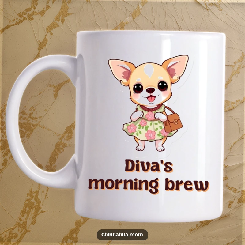Funny mug illustration of a chihuahua dog wearing a floral dress and holding a purse.