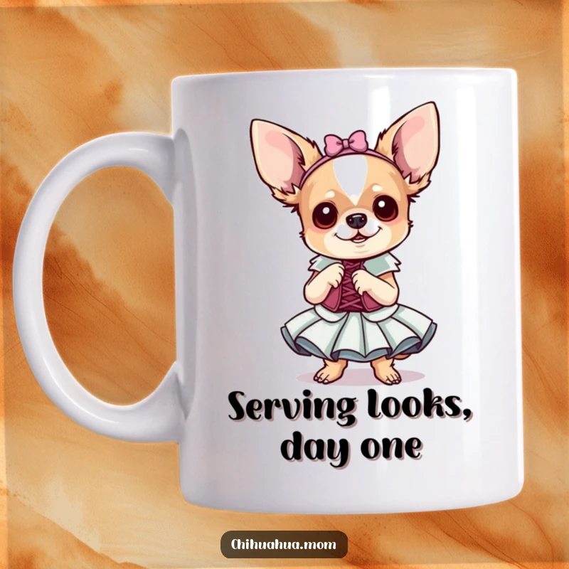 Funny Chihuahua Mug: A tiny dog in a fancy dress strikes a dramatic pose. Perfect for a funny gift.