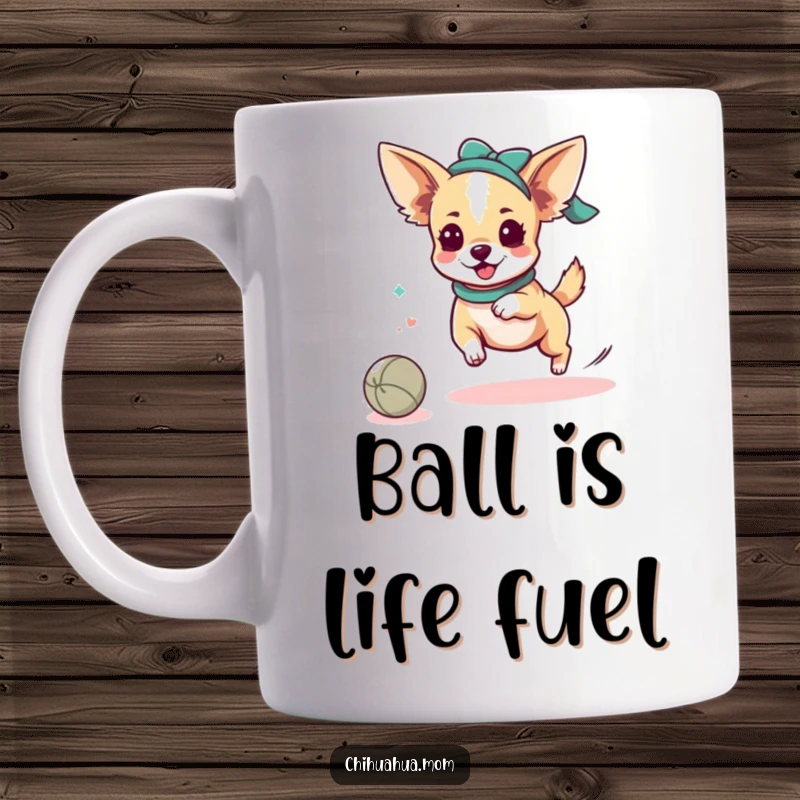 Funny Kawaii Chihuahua Lady Mug: Character playfully chases a rolling ball, embodying energetic fun and chihuahua spirit. Perfect funny gift.