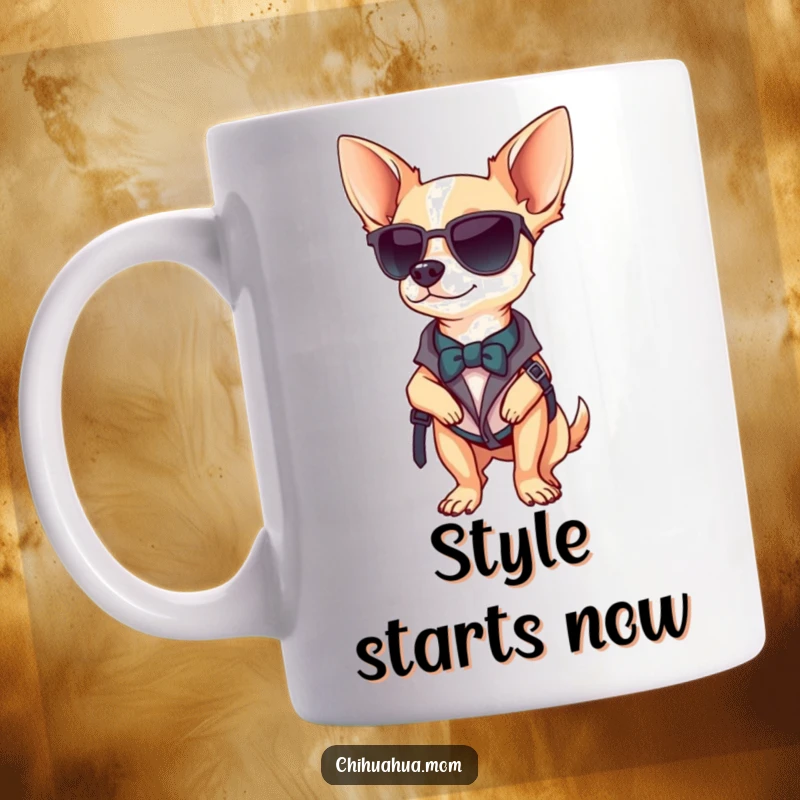 Funny Chihuahua mug showcasing a chihuahua wearing a fashionable accessory, striking a bold and confident pose.