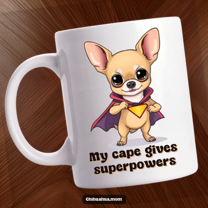 Funny Chihuahua Superhero Mug featuring a tiny dog in a cape, striking a confident pose, ready for action and laughs.