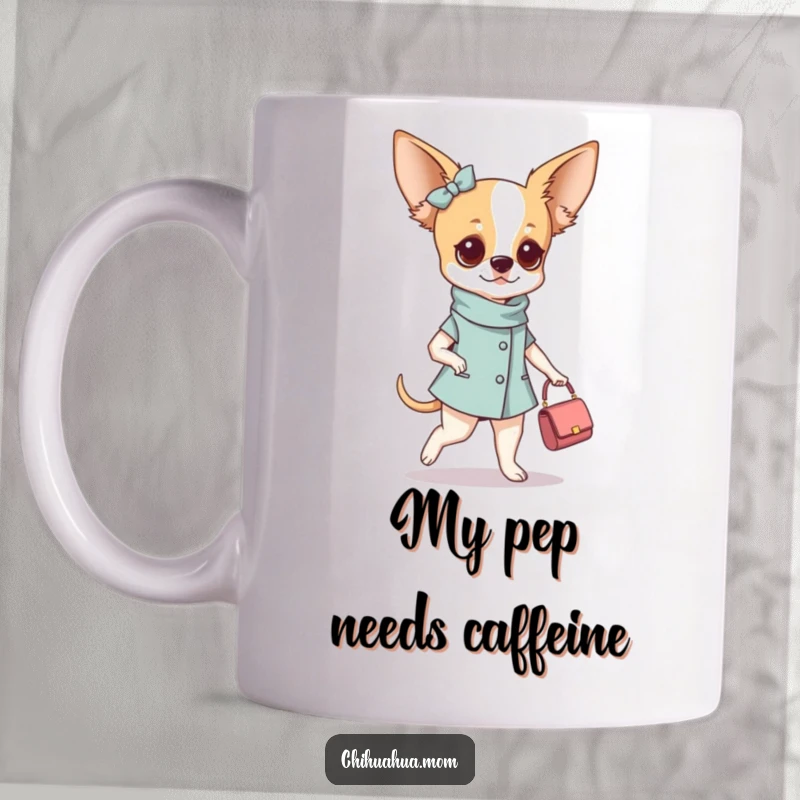 Funny fashionable chihuahua woman mug strutting confidently with a tiny designer purse, showcasing her impeccable style and sass.
