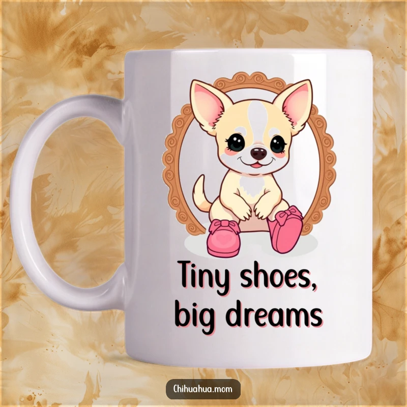 Funny kawaii chihuahua lady character attempting to fit into tiny doll shoes, on a humorous and charming mug.