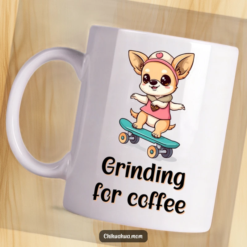 Funny kawaii chihuahua lady character skillfully riding a tiny skateboard, on a humorous and dynamic mug.