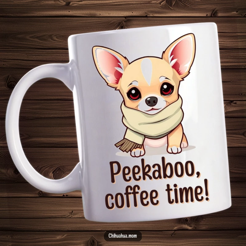 Funny Mug: a chihuahua wearing a silly scarf peeks playfully from behind the rim, exuding heartwarming humor.