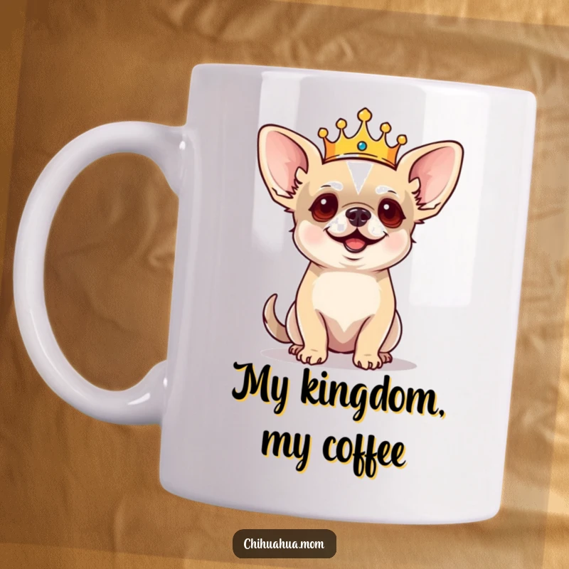 Funny Chihuahua Mug: Tiny crowned dog barking commands with regal sass, royalty, bossy pet owner gift.