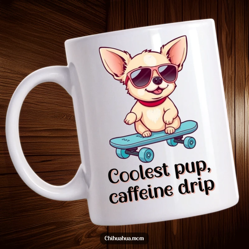 Funny Skater Chihuahua Mug: A dog wearing sunglasses rides a mini skateboard. Cool and funny gift.
