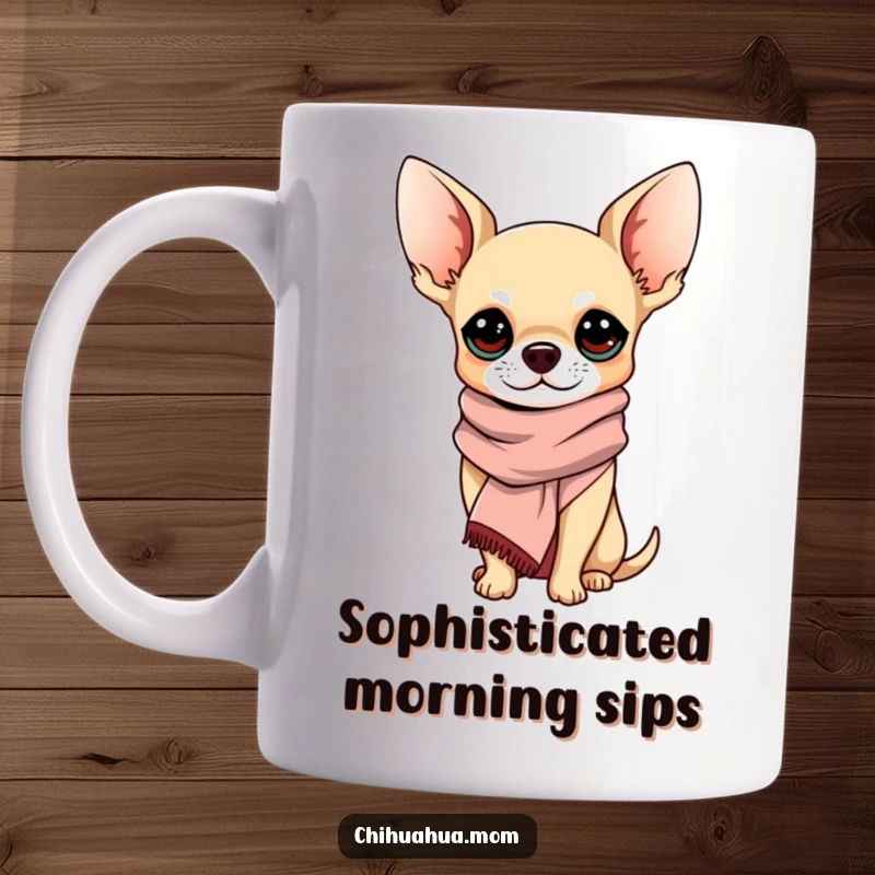 Funny Chihuahua Mug: A chihuahua wearing a chic scarf, exuding an air of sophisticated elegance. A stylish funny gift.