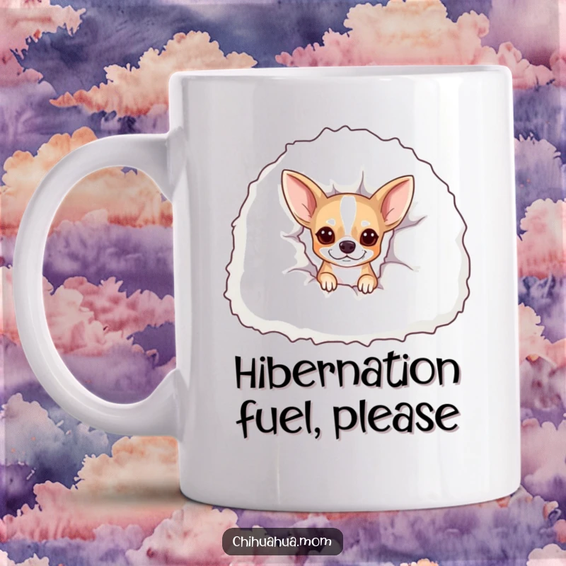 Funny Peekaboo Chihuahua Mug: A dog peeks from under a giant fluffy blanket. Cozy and funny gift.