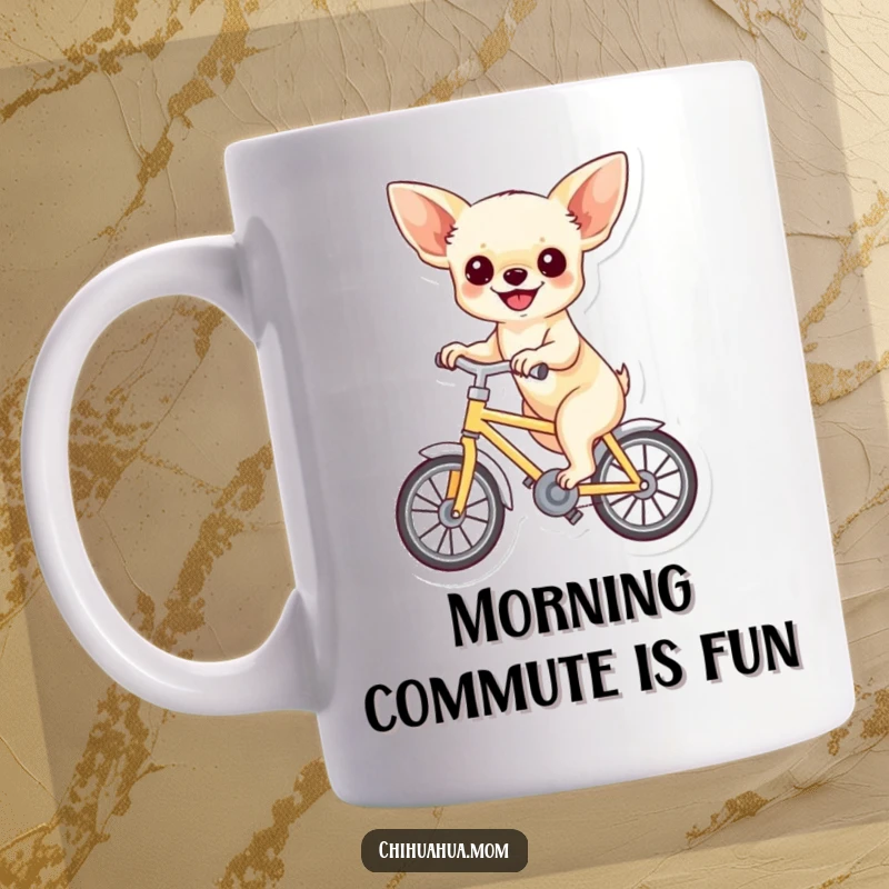 Funny mug showing a chihuahua with a joyful expression riding a miniature bicycle, embodying pure happiness and whimsical humor.