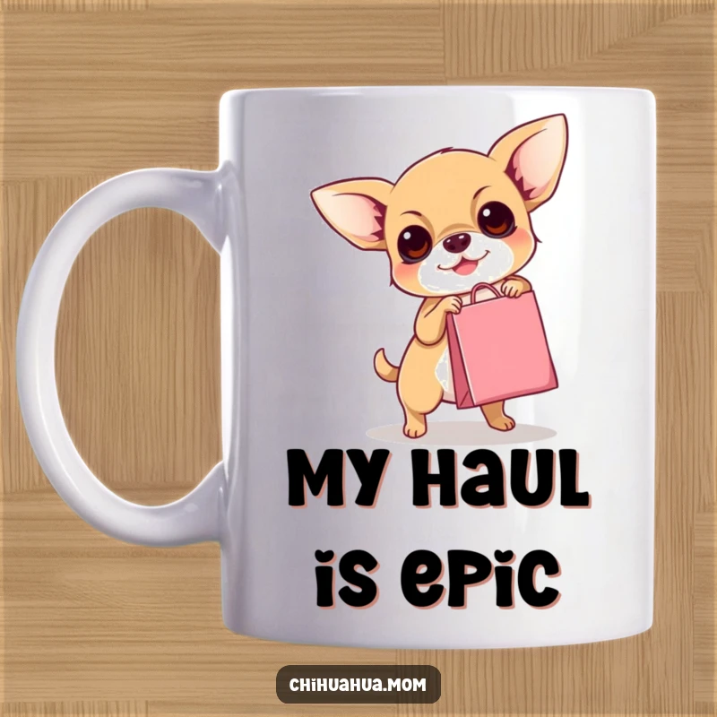 Funny Chihuahua Mug: Tiny dog hilariously struggles to carry an oversized, miniature shopping bag with determination.