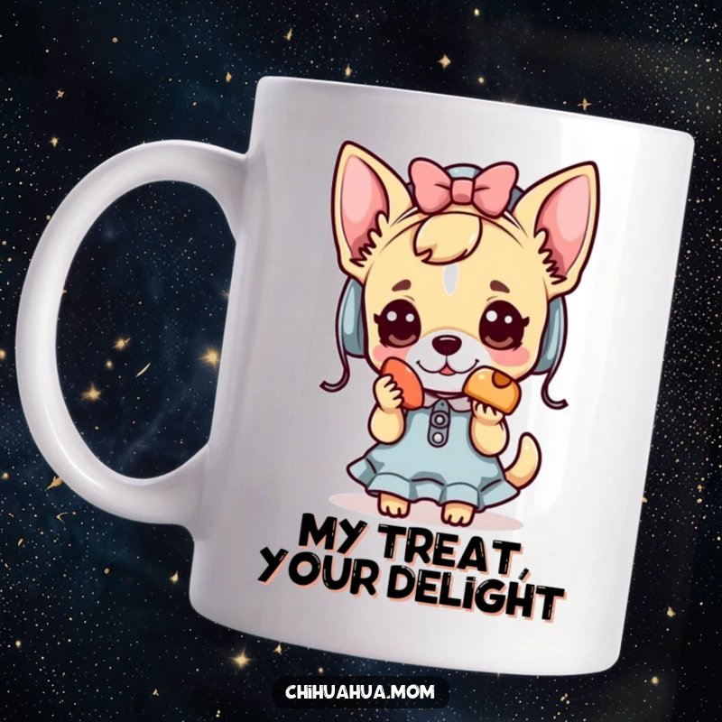 Funny Kawaii chihuahua lady mug with a cute character offering a small treat, expressing kindness and charm.