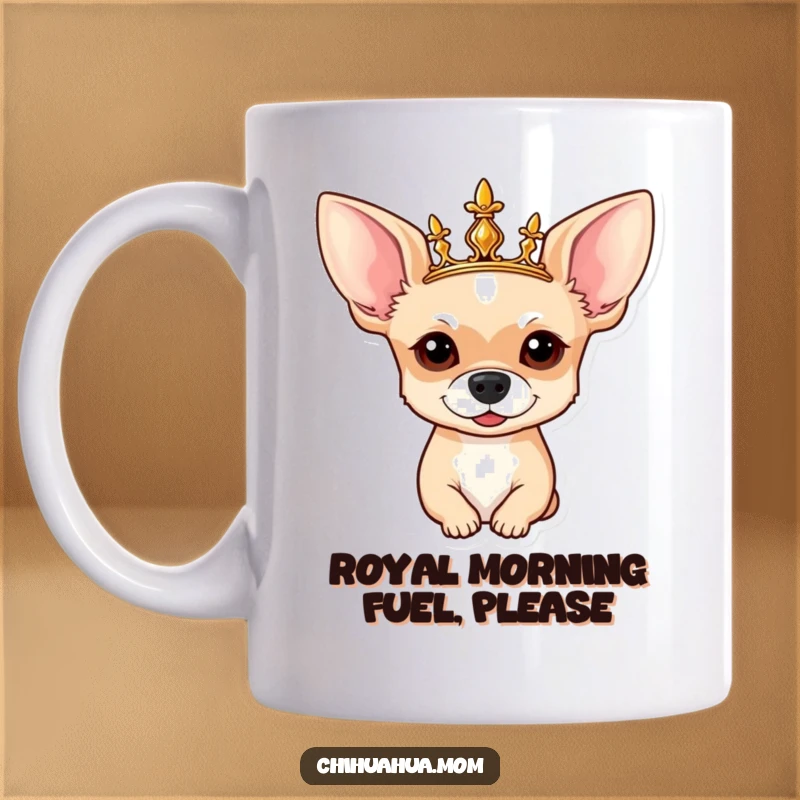 Funny Chihuahua Mug: A chihuahua wearing an ornate crown, looking proud and regal, perfect for a royal toast.