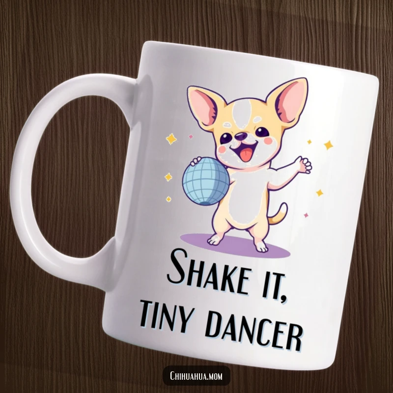 Funny Chihuahua Mug: A tiny dog joyfully dancing under a sparkling disco ball, radiating pure happiness and party vibes.