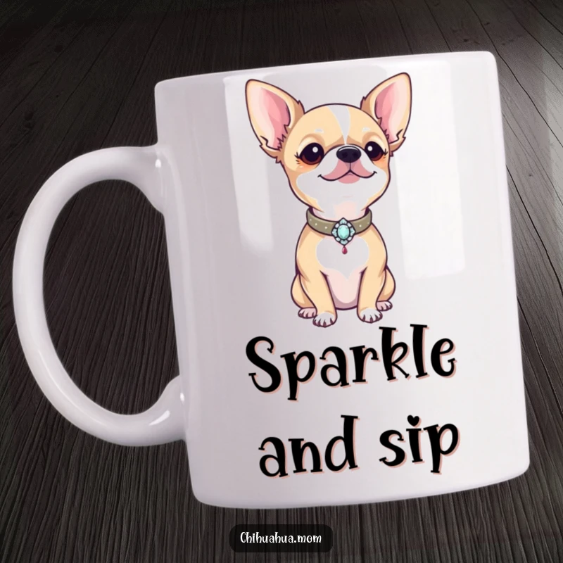 Funny proud chihuahua showing off a tiny, bejeweled collar on a mug, radiating confidence and style.