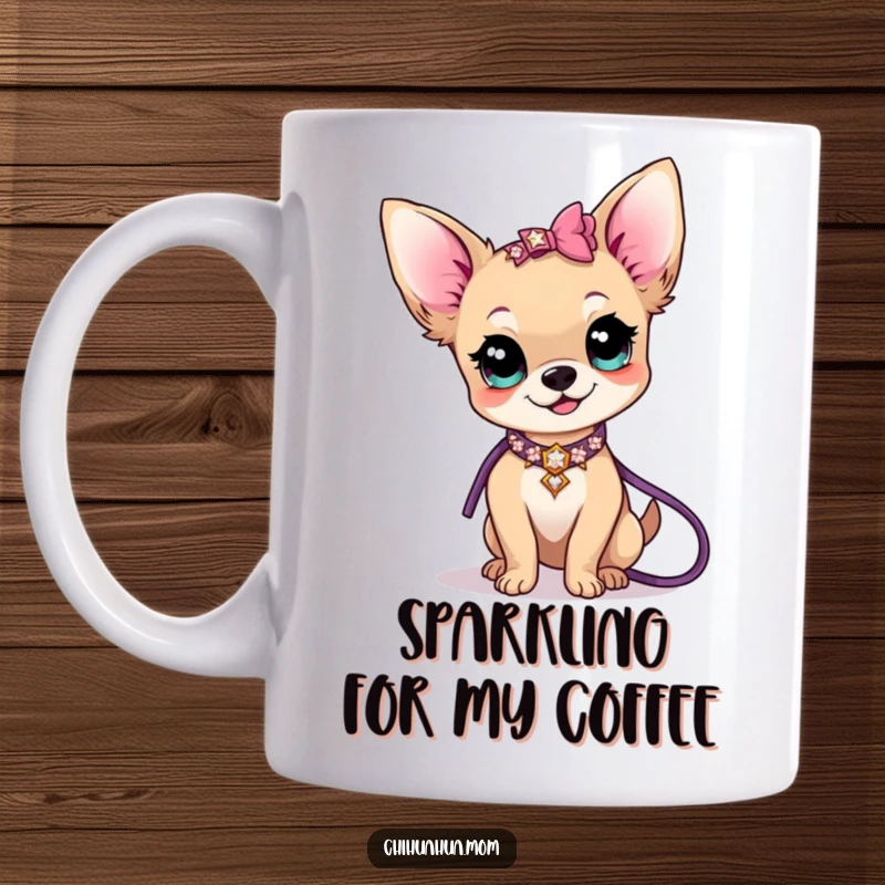 Funny kawaii chihuahua lady character showing off a sparkly collar and leash, on a humorous and glamorous mug.