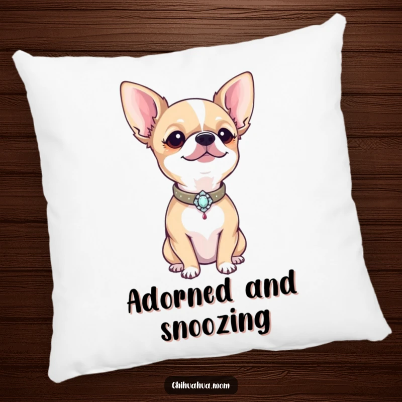 Funny proud chihuahua wearing a tiny, bejeweled collar, designed as a soft and humorous accent pillow.