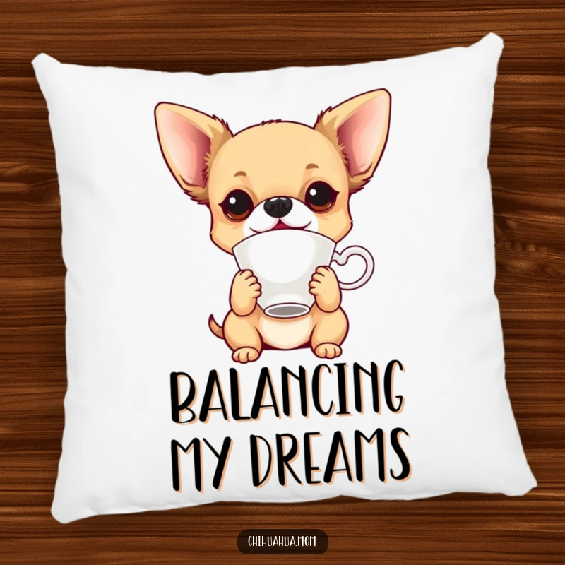 Funny playful chihuahua balancing a teacup on its nose on a soft and humorous pillow.