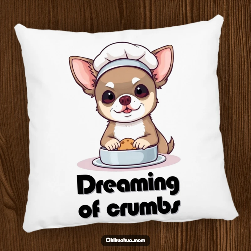 Funny Chef Chihuahua Pillow: A dog in a chef hat bakes a cookie. Soft and humorous.