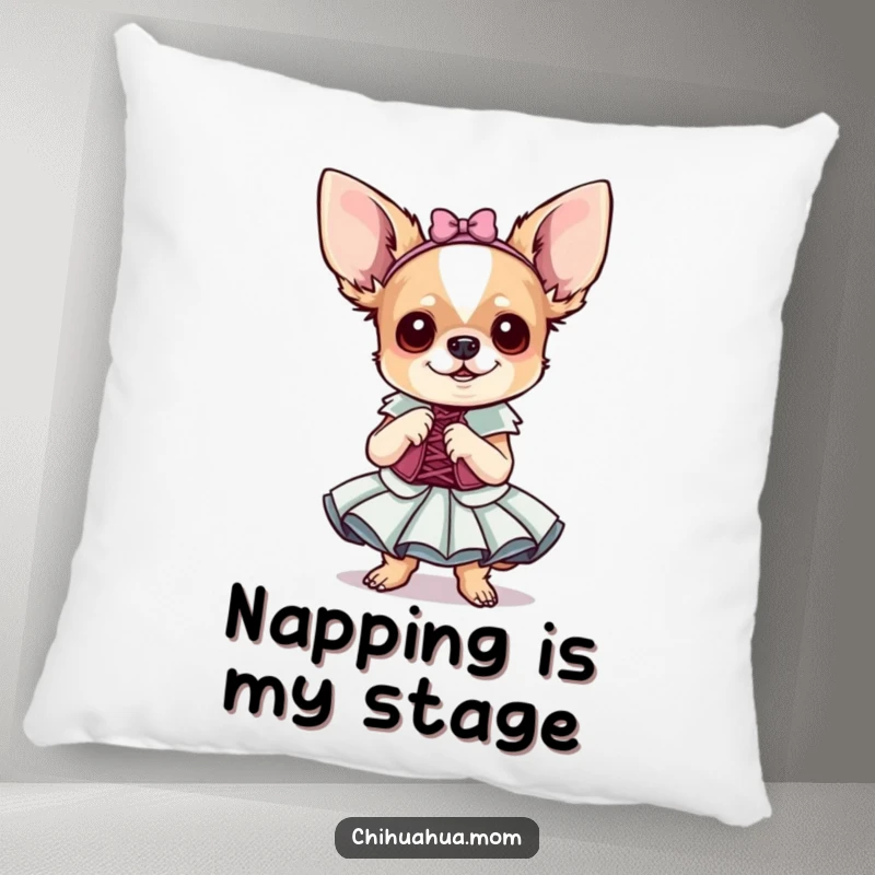 Funny Chihuahua Pillow: A tiny dog in a fancy dress poses dramatically. Soft and humorous decor.