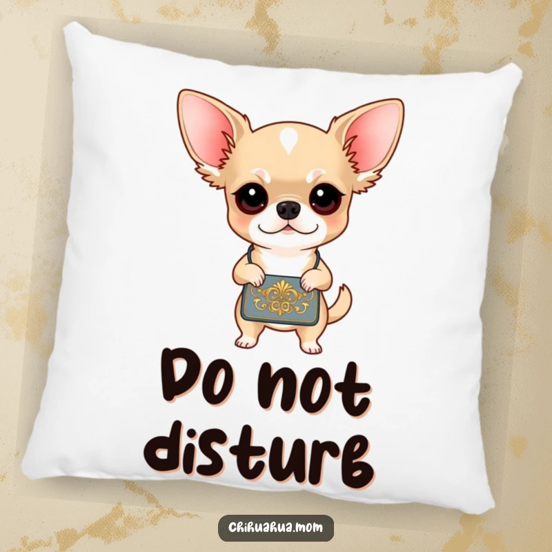 Funny Chihuahua Diva Pillow: A determined chihuahua clutches her small handbag with purpose. Soft and humorous decorative pillow.