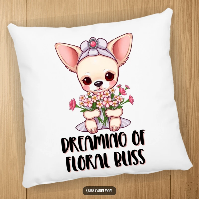 Funny pampered chihuahua lady pillow depicting her receiving a lovely bouquet of tiny flowers, bringing comfort and sweet charm to any room.