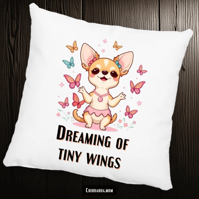 Funny chihuahua lady pillow depicting her happily conducting a fantasy choir of graceful butterflies, adding a touch of whimsy to any couch.
