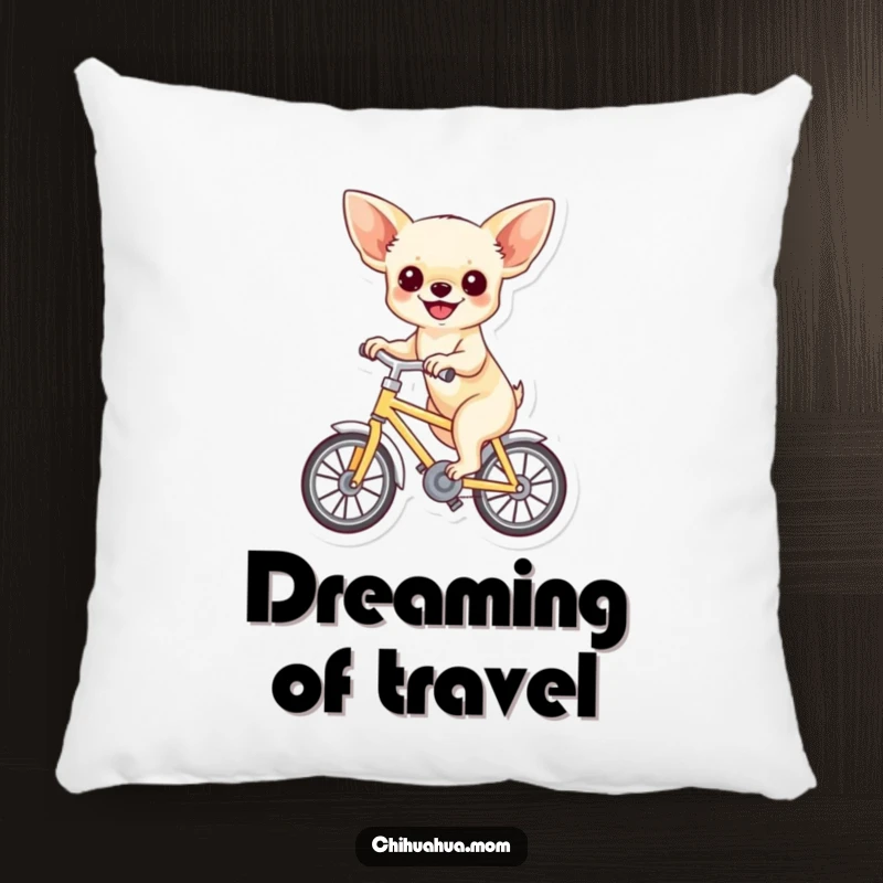 Funny pillow with a chihuahua joyfully riding a miniature bicycle, providing a soft and humorous decorative element.
