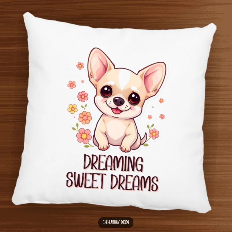Funny Floral Chihuahua Pillow: A smiling chihuahua with floral decorations. Soft and humorous decorative pillow.