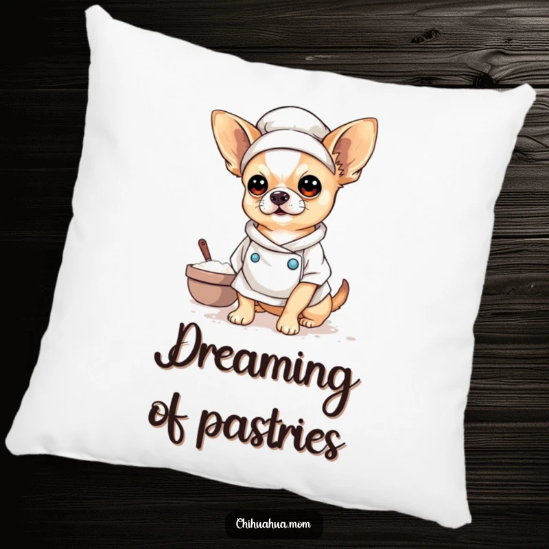 Funny Baker Chihuahua Pillow featuring a sweet chihuahua covered in flour, bringing funny, cozy vibes to any room.