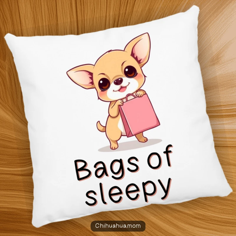 Funny Chihuahua Pillow: A cute dog hilariously tries to manage a miniature shopping bag, perfect for a cozy, funny vibe.
