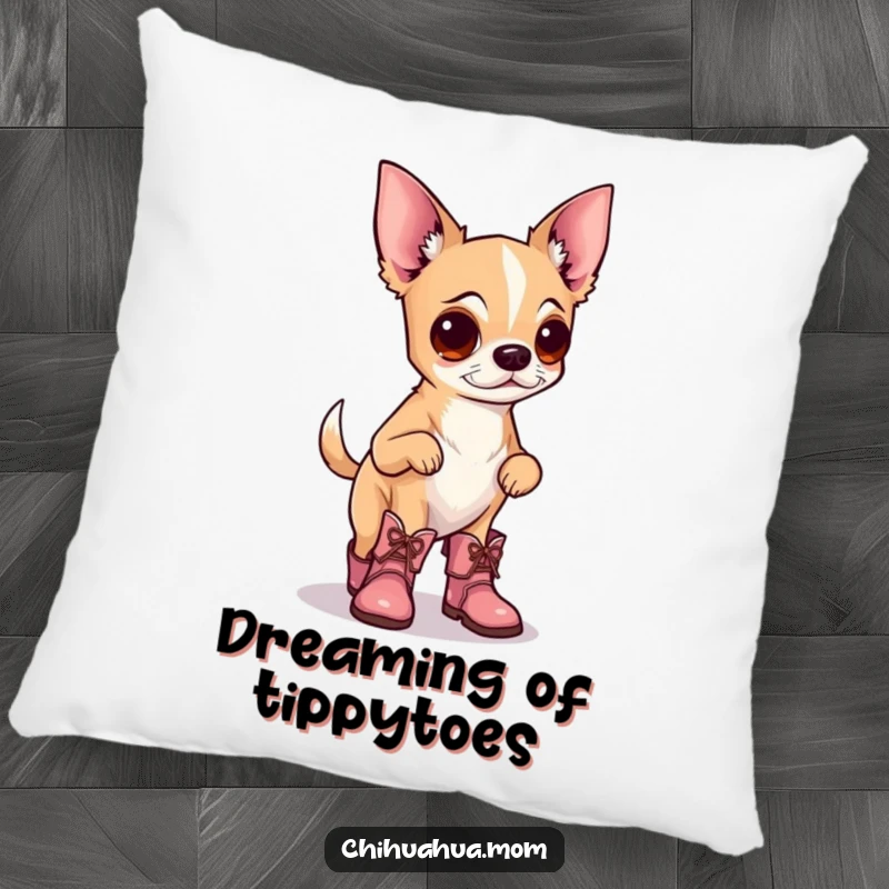 Funny decorative pillow with a chihuahua wearing tiny boots, prancing proudly, perfect for adding a charming and humorous touch to sofas and beds.