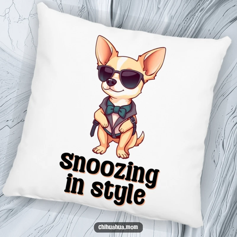 Funny Chihuahua pillow with a stylishly posed chihuahua wearing an accessory, looking confident and fabulous.