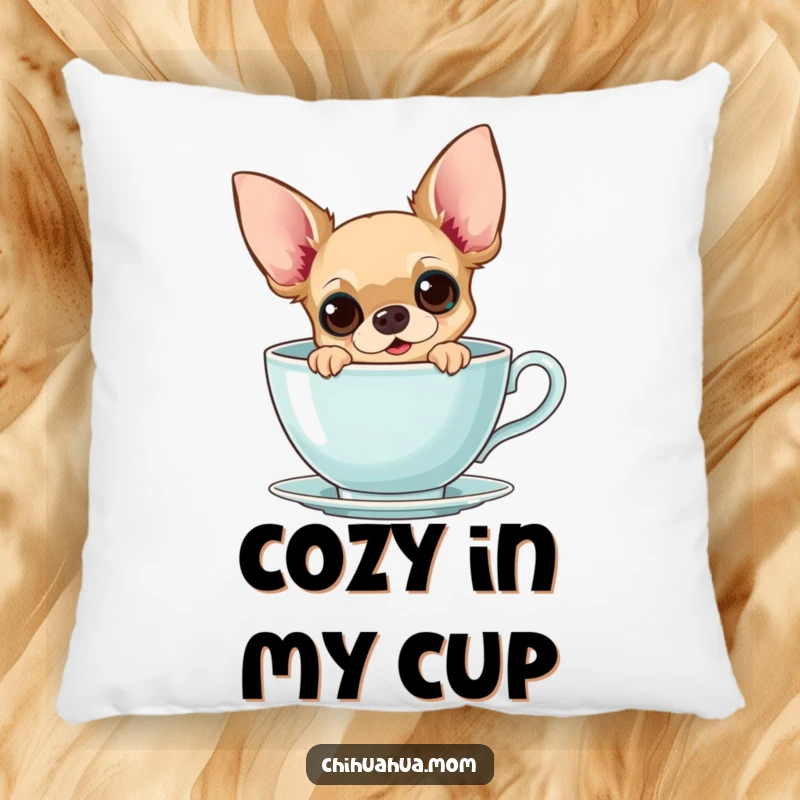 Funny Chihuahua Teacup Pillow: A curious chihuahua peeks from a giant teacup with wide eyes, soft and decorative, cute gift.