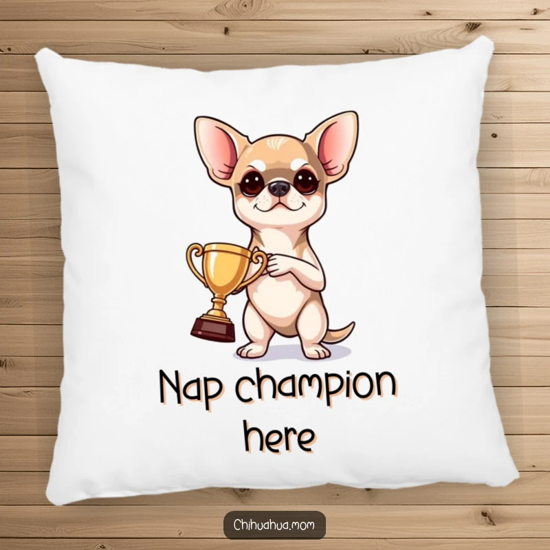 Funny Pillow: a determined chihuahua clutching a tiny trophy, offering a humorous and comfortable decorative accent.