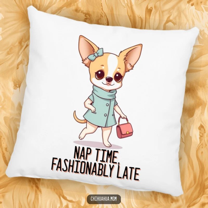 Funny fashionable chihuahua woman pillow depicting her strutting stylishly with a tiny purse, adding a touch of glam to home decor.