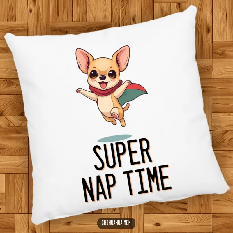 Funny Chihuahua Pillow: Playful dog in superhero cape leaping heroically, cozy pet decor, energetic comfort.