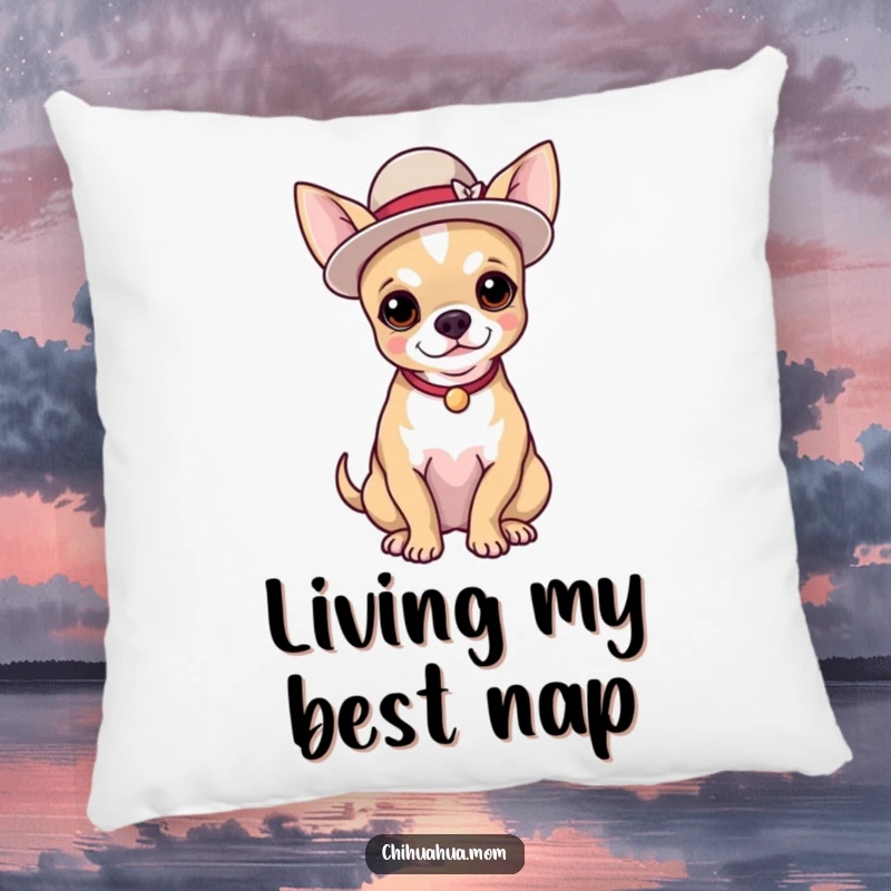 Funny decorative pillow featuring a chihuahua wearing an elegant hat and posing proudly, soft and amusing.