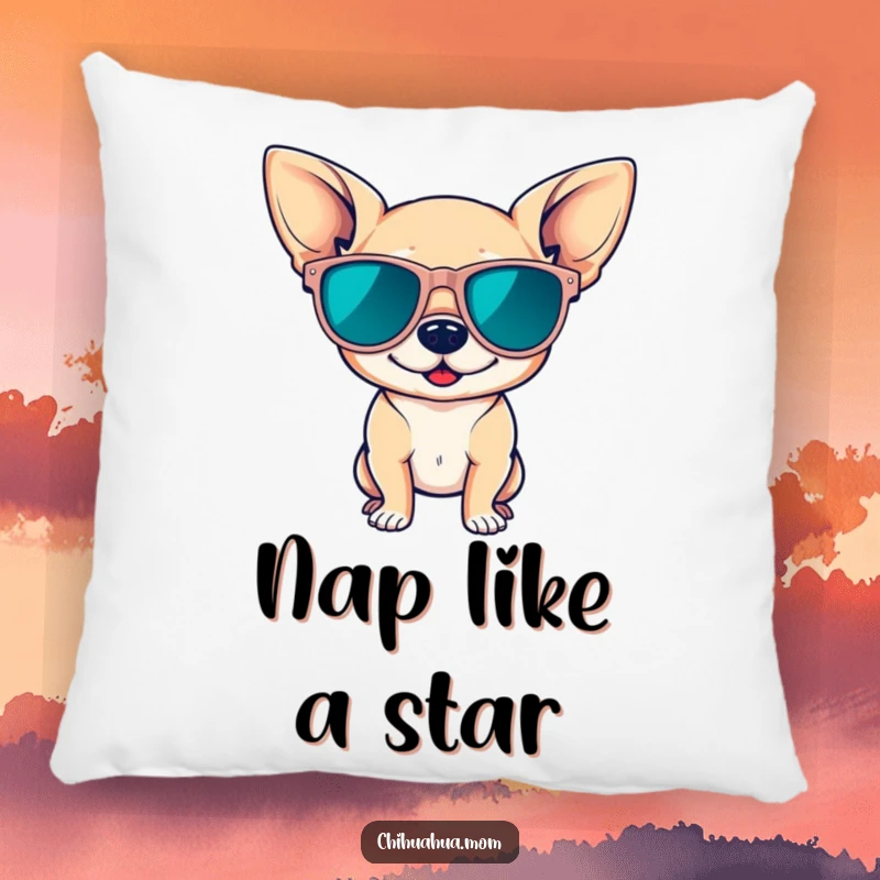 Funny pillow featuring a cute chihuahua in oversized sunglasses, striking a confident pose, providing comfort and a cool, stylish touch.