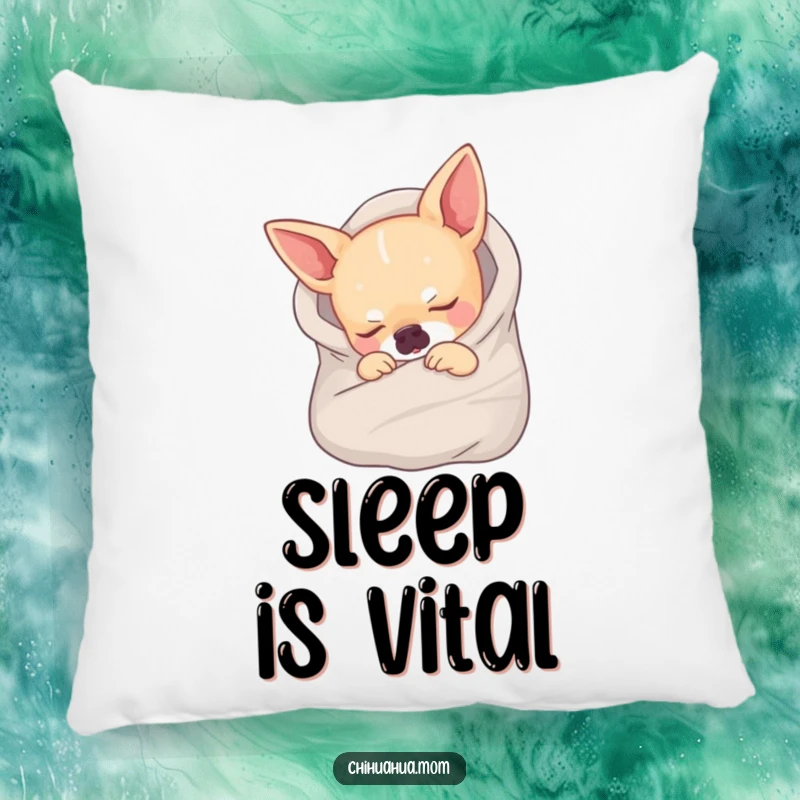 Funny pillow with a chihuahua wrapped in a tiny blanket, fast asleep, offering comfort and a humorous touch.