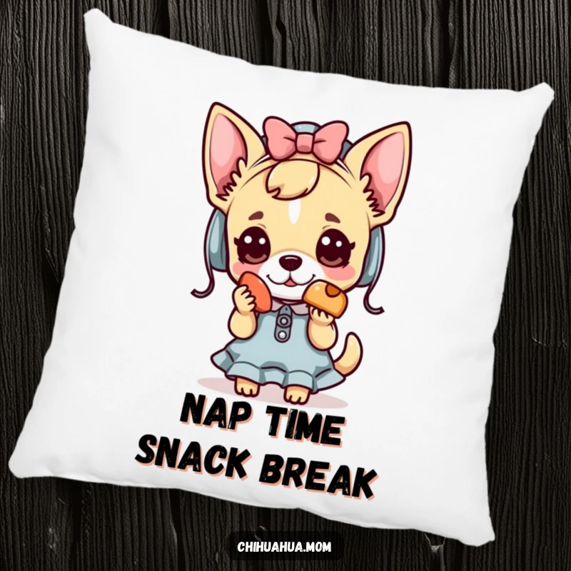 Funny Kawaii chihuahua lady pillow with a cute character offering a treat, adding comfort and humor.