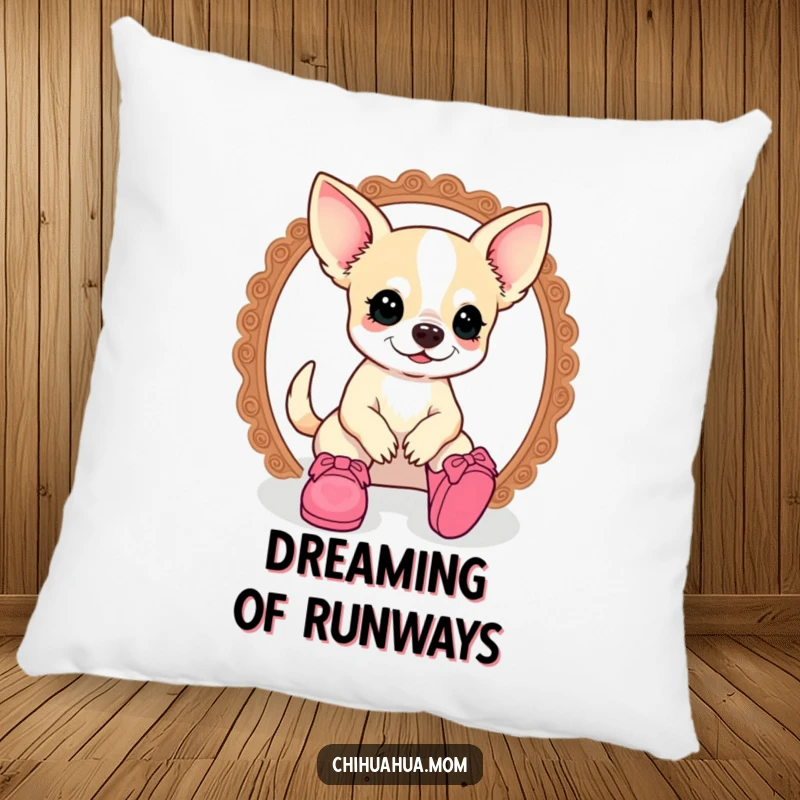 Funny kawaii chihuahua lady character lounging with tiny doll shoes on a soft, humorous decorative pillow.