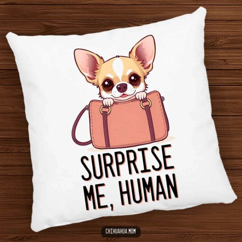 Funny chihuahua peeking from behind a designer handbag, a soft and humorous accent pillow for decor.